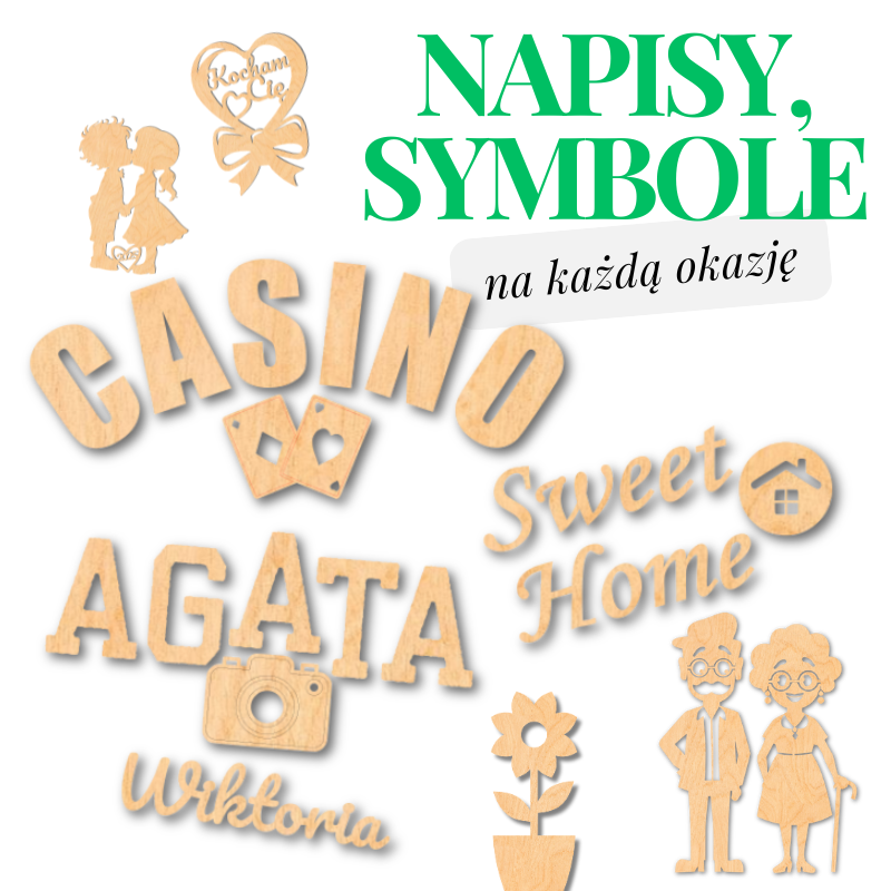 Symbole i napisy ze sklejki